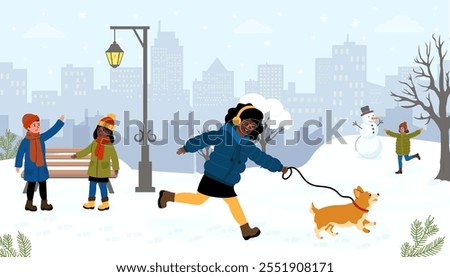 Children enjoy a snowy day while walking a dog and making a snowman in the city park