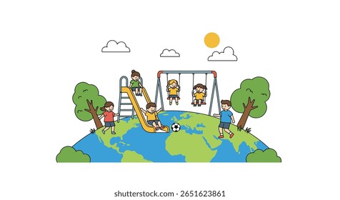 Children enjoy a sunny day playing football and sliding on a playground above the Earth representing a healthy planet
