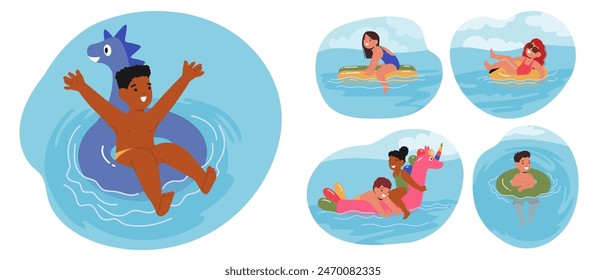 Children Enjoy A Sunny Day In A Swimming Pool, Floating On Bright Inflatable Rings. Kids Exhibit Joy And Playfulness, Enhancing The Summer Vibe. Vector Set Captures Childhood Leisure And Poolside Fun