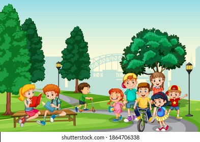 Children enjoy with their activity in the park scene illustration