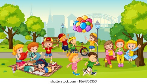 Children enjoy with their activity at the park scene illustration