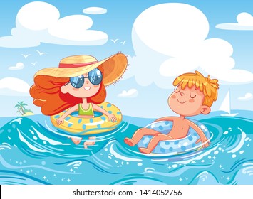 Children enjoy their rest in the sea. Kid swim in the ocean on inflatable rubber circle. Swinging on wave. Funny cartoon character. Vector illustration