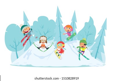 children enjoy winter sports. friends ski and snowboard from the mountain. little skiers in the winter landscape. vector illustration.