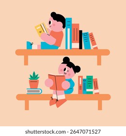 Children enjoying books in a colorful library setting. Children's learning, education, reading