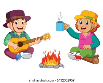 the children are enjoying the camp with playing the guitar with a cup of coffee