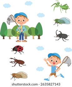 Children enjoying collecting insects during summer vacation