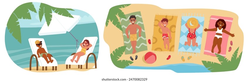 Children Enjoying A Delightful Day At The Beach, some Kids Relax On Sun Loungers Under A Beach Umbrella, another ones Cheerfully Lying On The Sand, Filled With Joy, Sunshine, And Beachside Fun, Vector