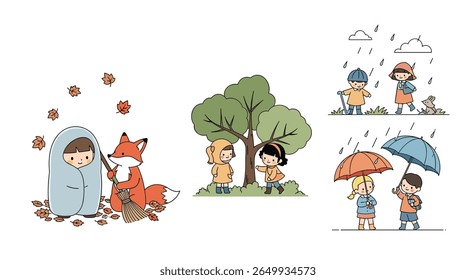 Children enjoying different weather conditions and seasons with cute animals and nature elements