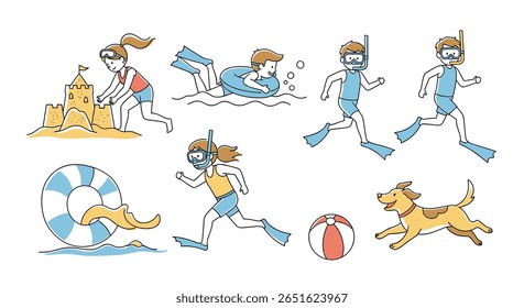 Children enjoying diverse summer beach activities with a playful dog and inflatable ring under the bright sun