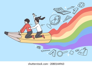 Children enjoying drawing and painting concept. Two friends kids boy and girl sitting on pencil with rainbow shadow flying over sky vector illustration 