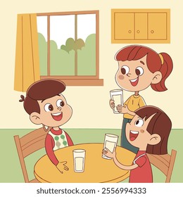 Children enjoying drinks together at a table in a cozy setting.