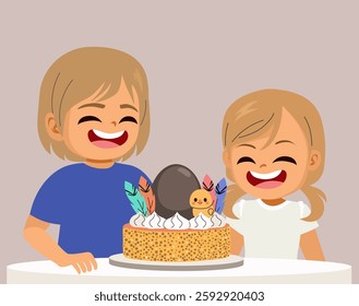 Children enjoying Easter Mona cake vector illustration. Siblings celebrating spring traditional Catalonia tradition of eating cake with a large chocolate egg, some feathers and chicken figurines and a