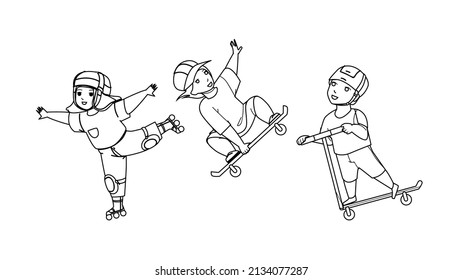 Children Enjoying In Extreme Skate Park Black Line Pencil Drawing Vector. Boy And Girl Kids Riding Skate Board, Rollers And Kick Scooter Together. Characters Infant Riders Active Sport Time