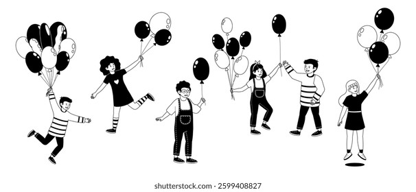 Children enjoying a festive balloon party in a playful black and white illustration