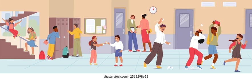 Children Enjoying A Fun And Energetic Break In The School Hallway With Teachers Observing Activities Happening Around. Student Bous and Girls Characters Having Fun. Cartoon People Vector Illustration