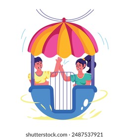Children enjoying funfair ride, flat illustration 