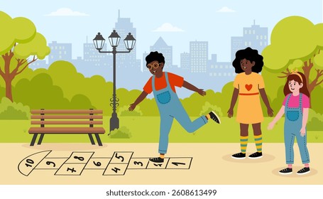 Children enjoying hopscotch in a sunny park with city skyline in the background