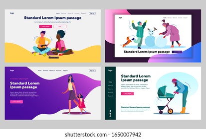 Children enjoying leisure and activities set. Video games, making snowman, walk with parents. Flat vector illustrations. Childhood, lifestyle concept for banner, website design or landing web page