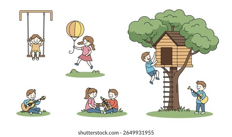 Children enjoying outdoor activities and musical instruments on a sunny day