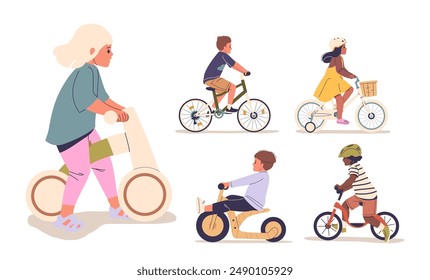 Children Enjoying Outdoor Activities On Bicycles And Balance Bikes. Kids Engaging In Fun Exercise, Riding Bikes