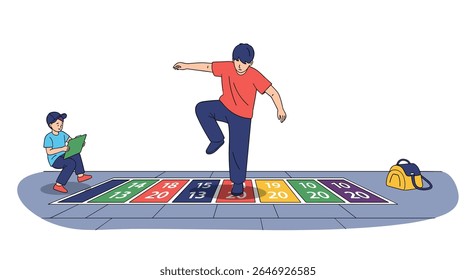 Children Enjoying an Outdoor Hopscotch Game on a Sunny Day