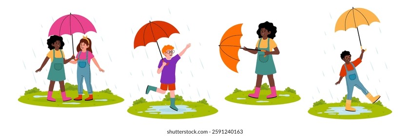 Children enjoying rainy day activities with umbrellas in a cheerful outdoor setting