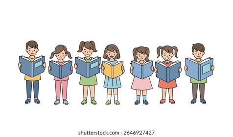 Children enjoying reading books together in a diverse group learning about stories and imagination