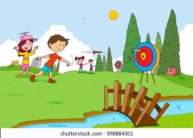 Children enjoying summer camp dart aiming activities in vector