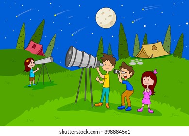 Children Enjoying Summer Camp Star Gazing Activities In Vector