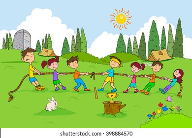 Children enjoying summer camp tug of war activities in vector