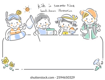 Children enjoying summer: cute hand-drawn line drawing illustration