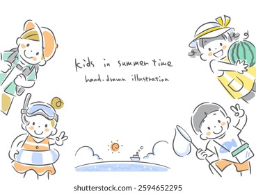 Children enjoying summer: cute hand-drawn line drawing illustration