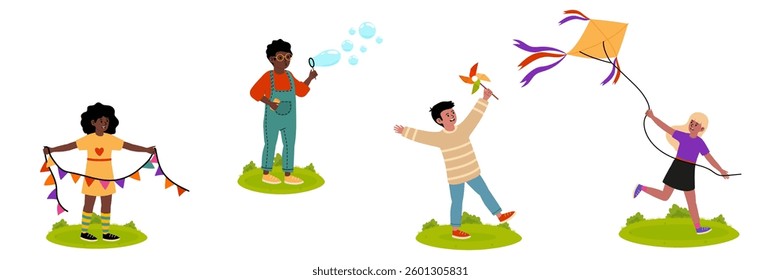 Children enjoying a sunny afternoon playing with kites and bubbles in a park