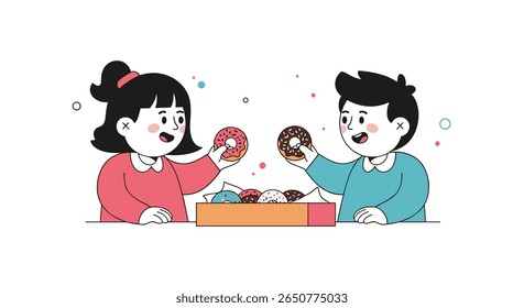 Crianças desfrutando de rosquinhas doces de uma caixa com polvilhos coloridos e confetes por cima