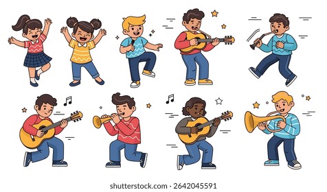 Children Enjoying Various Musical Instruments and Dancing with Joyful Expressions in Cartoon Style