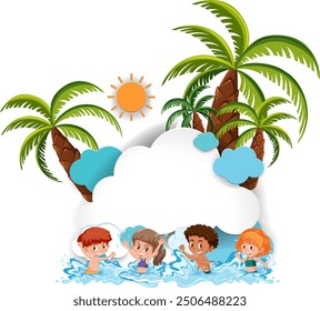 Children enjoying water under palm trees and sun