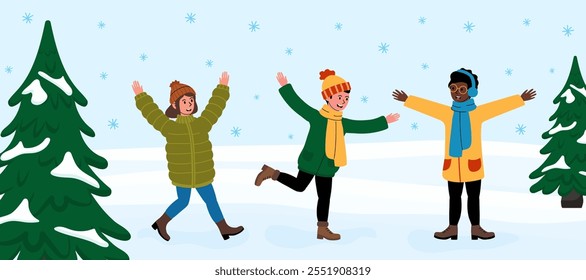 Children enjoying a winter day playing in the snow with trees and snowflakes around