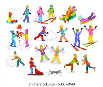 Children enjoying winter fun activities in snow and ice : sledding, skiing, ice figure skating, paying snow ball game, making  of snowman,  riding sled with husky