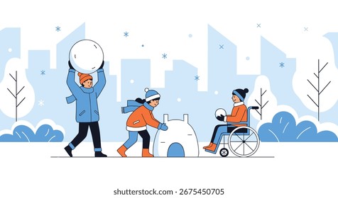 Crianças Desfrutando de inverno Neve Atividades Juntos Construindo Fortes