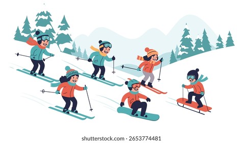 Children enjoying winter sports on snowy slopes with mountains and trees in the background