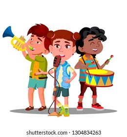 Children Ensemble. Children Play Musical Instruments And Sing Vector. Isolated Illustration