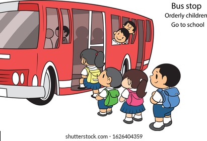  Children enter the bus to go to school.