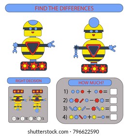 Children entertainment. Find the difference. Funny two robots in flat style isolated on white background. Game tasks for attention. Kids Mathematical exercise. Vector illustration.