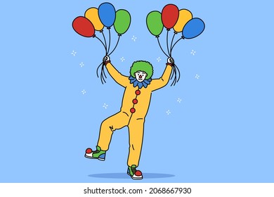 Children entertainment professions during work concept. Young man clown with red nose in costume standing holding heap of colorful balloons vector illustration 