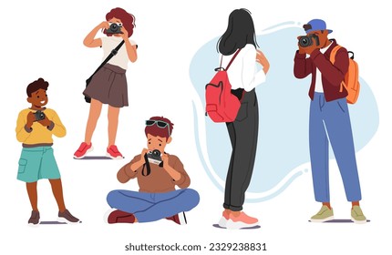 Children Enthusiastically Capture The World Around Them With Photo Cameras, Exploring Creativity And Developing An Eye For Unique Moments, Colors, And Perspectives. Cartoon People Vector Illustration