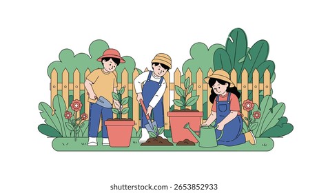 Children enthusiastically engaging in outdoor gardening activities planting young saplings together in a sunny backyard scene