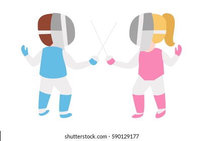 Children epee fencing lunge competition activity kid in pink and blue uniform with mask and weapon swordplay attack classical style fighting vector illustration.
