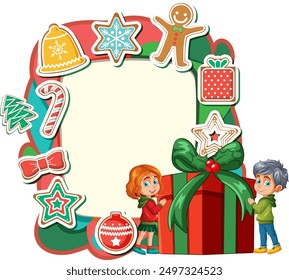 Children exchanging gifts with holiday decorations