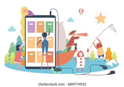 Children are excited to meet the characters in the story with a huge audiobook device. flat design style minimal vector illustration.