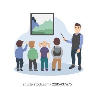 Children excursion in a museum, standing at picture and listening to guide man. Teacher is showing a picture to children. Vector illustration for art gallery, cultural education, exhibition concepts